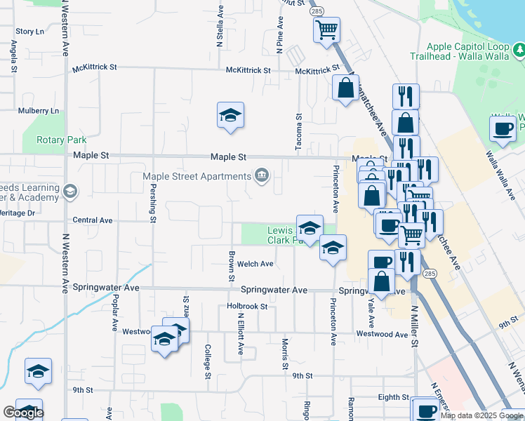 map of restaurants, bars, coffee shops, grocery stores, and more near 1325 Maple Street in Wenatchee