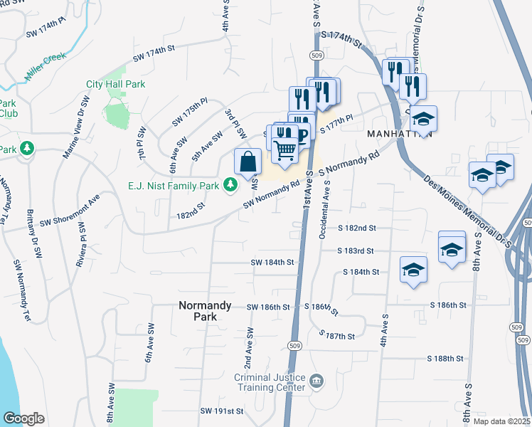 map of restaurants, bars, coffee shops, grocery stores, and more near 133 Southwest Normandy Road in Normandy Park