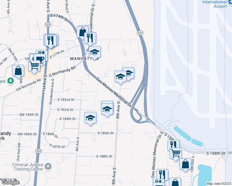 map of restaurants, bars, coffee shops, grocery stores, and more near 10707 Des Moines Memorial Drive in Burien