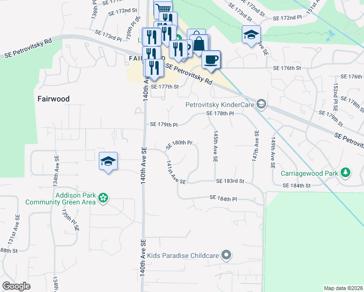 map of restaurants, bars, coffee shops, grocery stores, and more near 14215 Southeast 180th Place in Renton