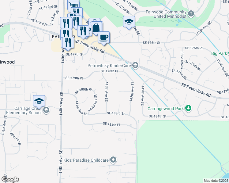 map of restaurants, bars, coffee shops, grocery stores, and more near 14608 Southeast 181st Street in Renton