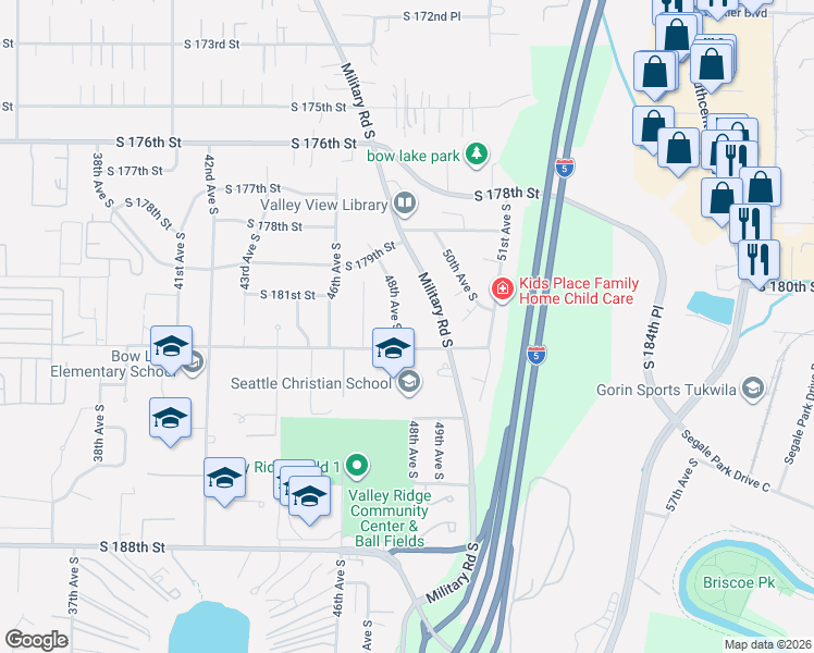 map of restaurants, bars, coffee shops, grocery stores, and more near 17960 48th Avenue South in SeaTac