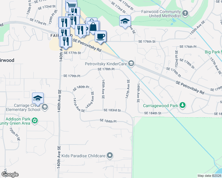map of restaurants, bars, coffee shops, grocery stores, and more near 14600 Southeast 181st Street in Renton