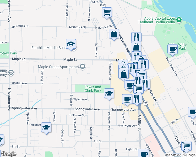 map of restaurants, bars, coffee shops, grocery stores, and more near 1250 Central Avenue in Wenatchee