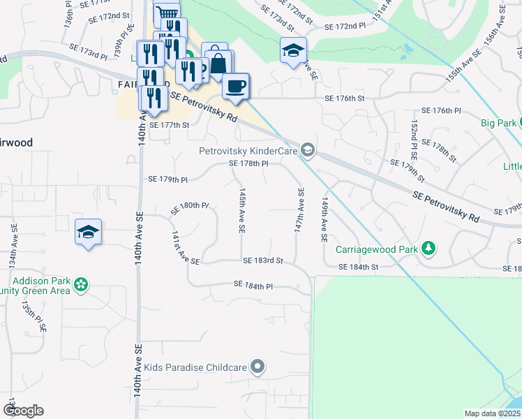 map of restaurants, bars, coffee shops, grocery stores, and more near 14600 Southeast 181st Street in Renton