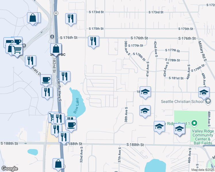 map of restaurants, bars, coffee shops, grocery stores, and more near 3407 South 181st Street in SeaTac