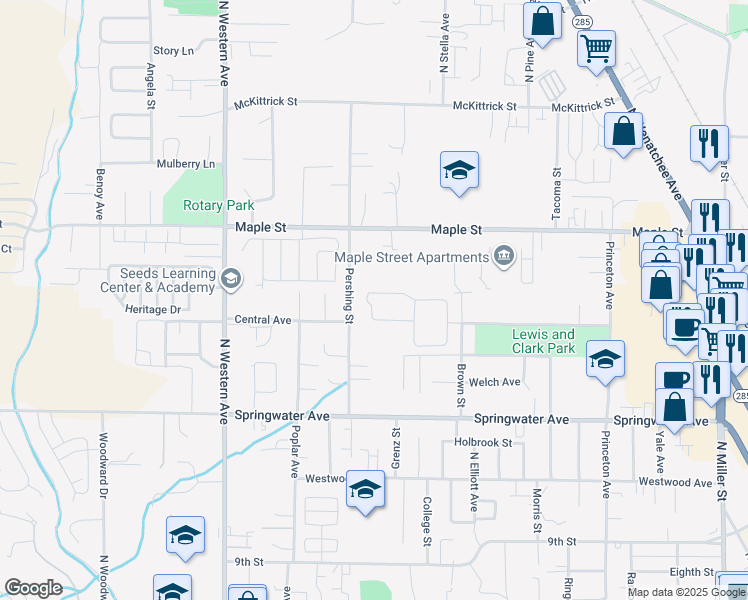 map of restaurants, bars, coffee shops, grocery stores, and more near 1400 Central Avenue in Wenatchee