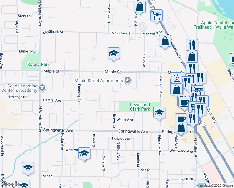 map of restaurants, bars, coffee shops, grocery stores, and more near 1231 Brown Street North in Wenatchee