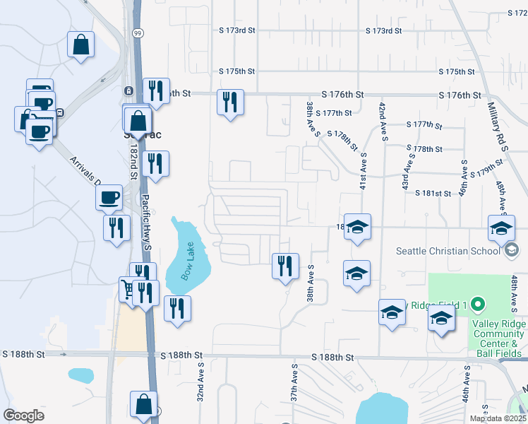 map of restaurants, bars, coffee shops, grocery stores, and more near 3407 South 181st Street in SeaTac