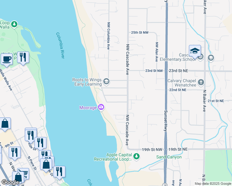 map of restaurants, bars, coffee shops, grocery stores, and more near 213 Broadmoor Street in East Wenatchee