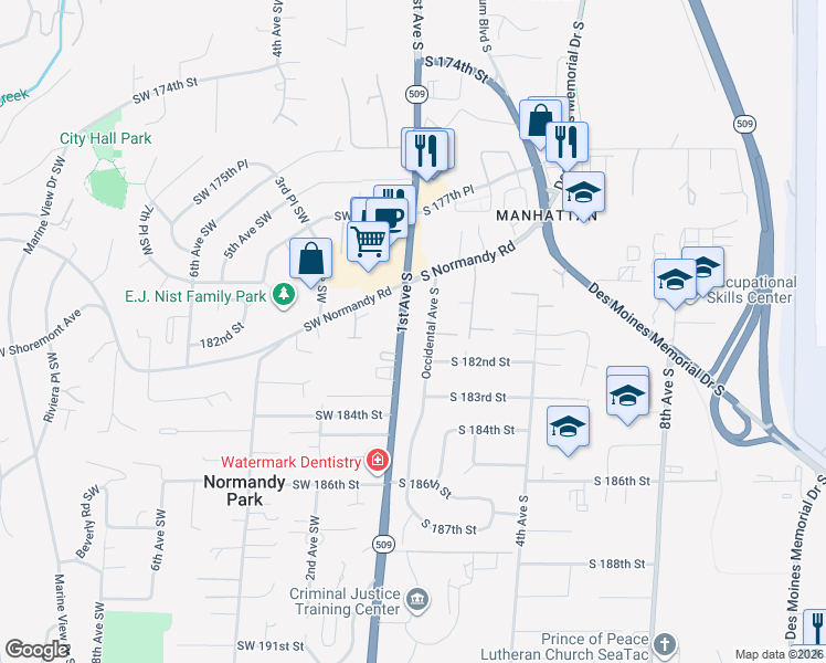 map of restaurants, bars, coffee shops, grocery stores, and more near 18040 1st Avenue South in Burien