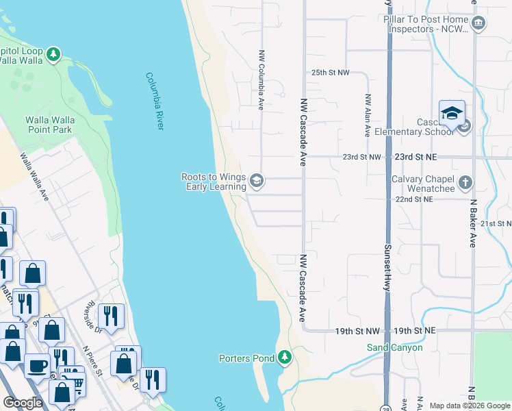 map of restaurants, bars, coffee shops, grocery stores, and more near 2141 River Drive North in East Wenatchee