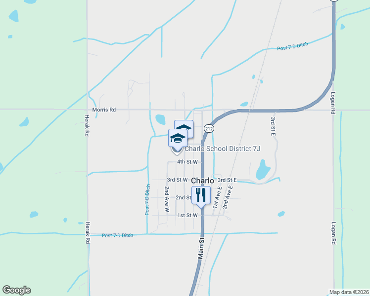 map of restaurants, bars, coffee shops, grocery stores, and more near 53154 1st Avenue West in Charlo