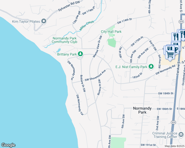 map of restaurants, bars, coffee shops, grocery stores, and more near 17989 Riviera Place Southwest in Normandy Park
