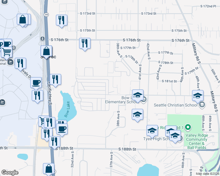 map of restaurants, bars, coffee shops, grocery stores, and more near 18100 36th Avenue South in SeaTac