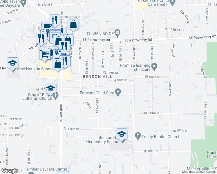 map of restaurants, bars, coffee shops, grocery stores, and more near 18102 113th Avenue Southeast in Renton