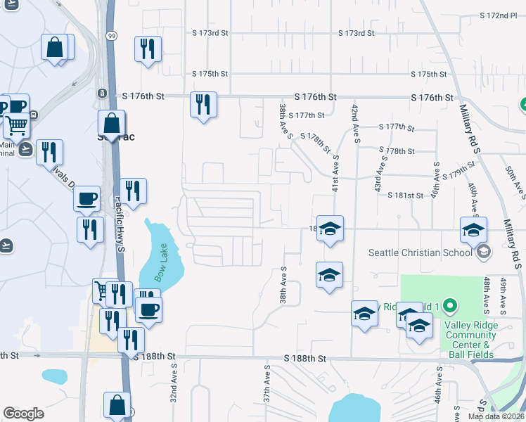 map of restaurants, bars, coffee shops, grocery stores, and more near 18100 36th Avenue South in SeaTac