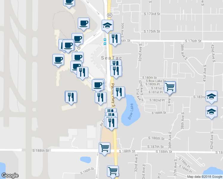 map of restaurants, bars, coffee shops, grocery stores, and more near Washington 99 & Airport Expressway in SeaTac