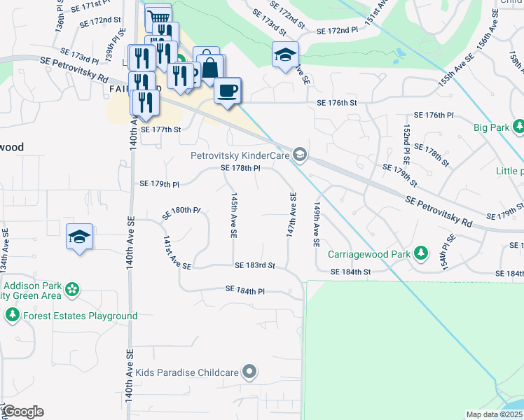 map of restaurants, bars, coffee shops, grocery stores, and more near 14608 Southeast 181st Street in Renton