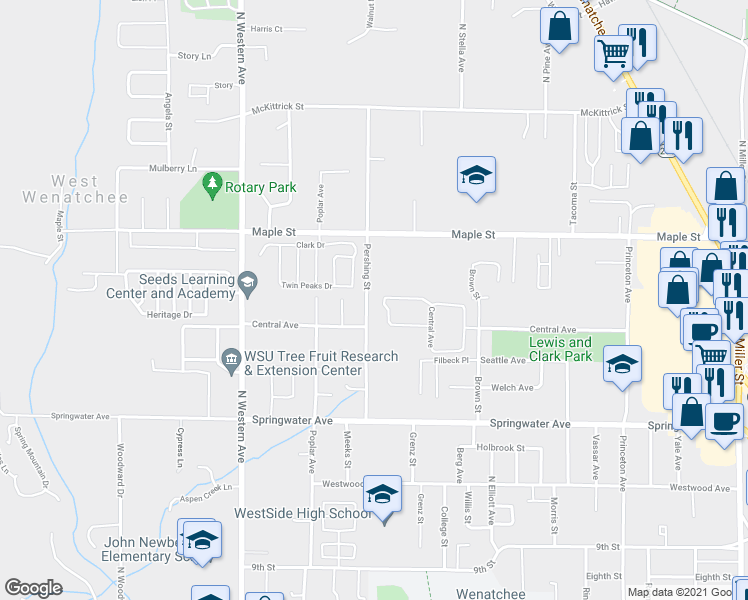 map of restaurants, bars, coffee shops, grocery stores, and more near 1225 Pershing Street in Wenatchee