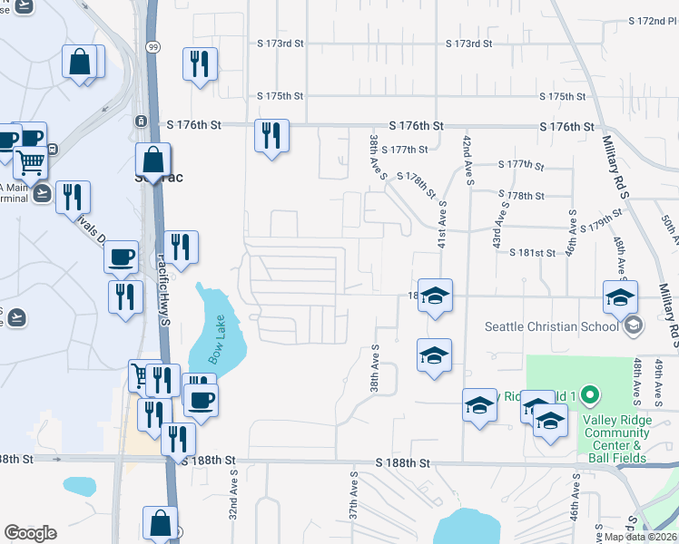 map of restaurants, bars, coffee shops, grocery stores, and more near 18100 36th Avenue South in SeaTac