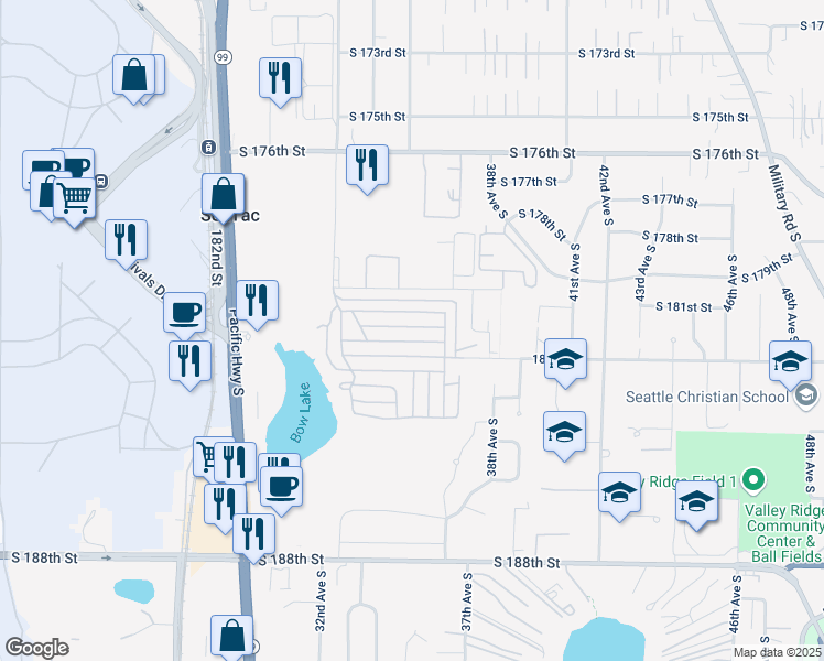 map of restaurants, bars, coffee shops, grocery stores, and more near 3407 South 181st Street in SeaTac