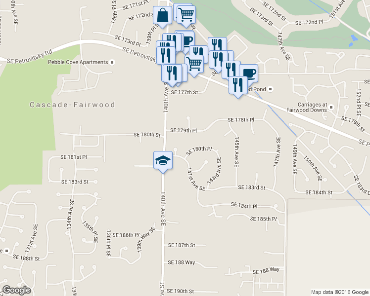 map of restaurants, bars, coffee shops, grocery stores, and more near 14120 Southeast 180th Place in Renton