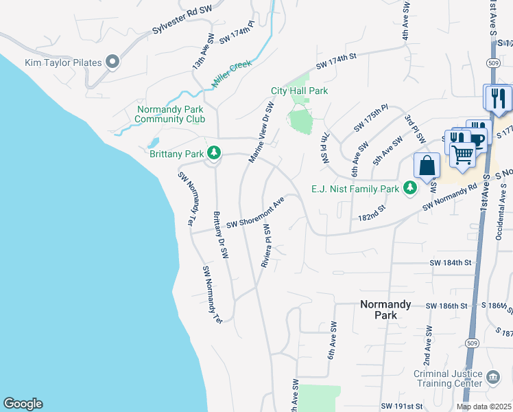 map of restaurants, bars, coffee shops, grocery stores, and more near 17989 Riviera Pl SW in Normandy Park