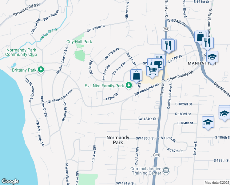 map of restaurants, bars, coffee shops, grocery stores, and more near 404 182nd Street in Normandy Park