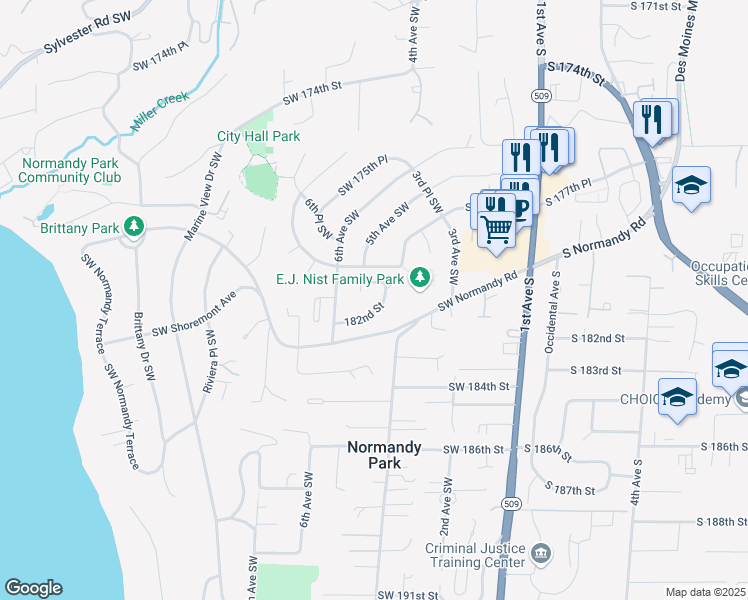 map of restaurants, bars, coffee shops, grocery stores, and more near 404 182nd Street in Normandy Park