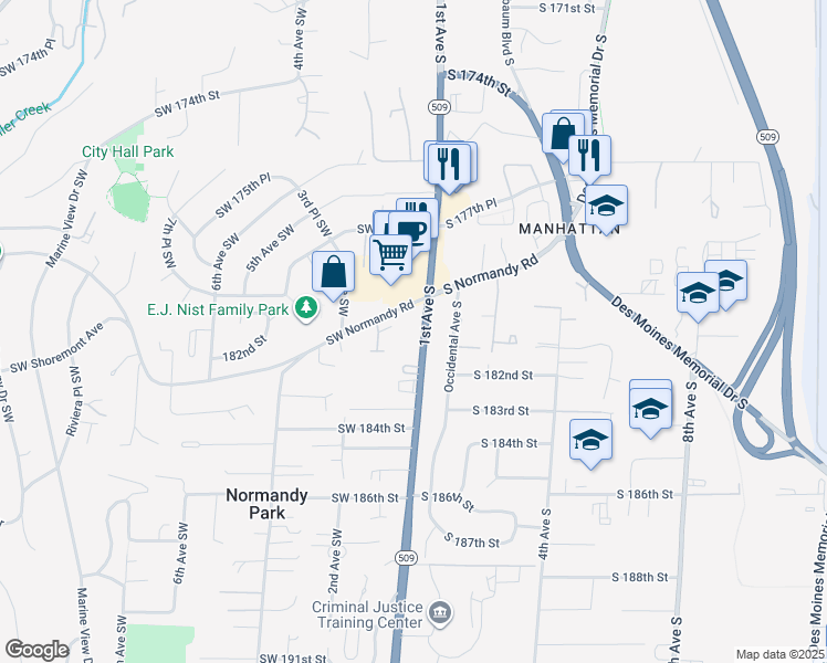 map of restaurants, bars, coffee shops, grocery stores, and more near 109 Southwest Normandy Road in Normandy Park