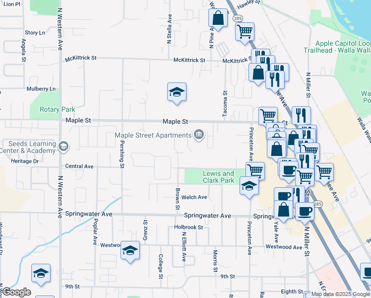 map of restaurants, bars, coffee shops, grocery stores, and more near 1231 Brown Street North in Wenatchee