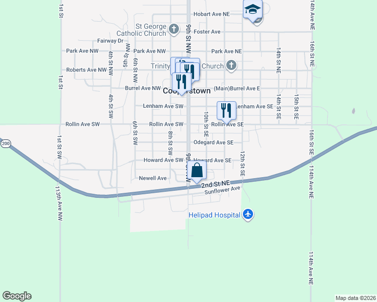 map of restaurants, bars, coffee shops, grocery stores, and more near 9th Street Southeast in Cooperstown