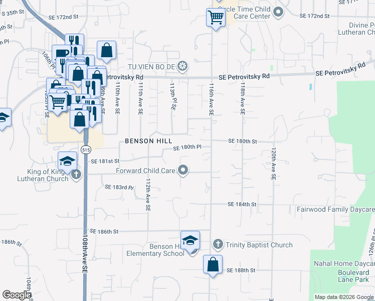 map of restaurants, bars, coffee shops, grocery stores, and more near 11417 Southeast 180th Place in Renton