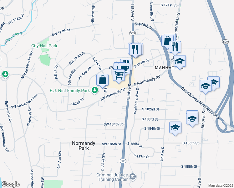 map of restaurants, bars, coffee shops, grocery stores, and more near 109 Southwest Normandy Road in Normandy Park
