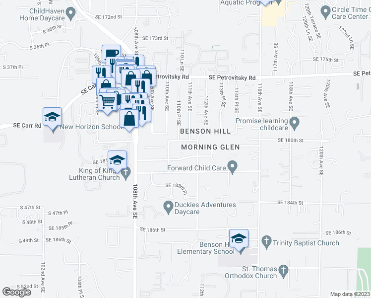 map of restaurants, bars, coffee shops, grocery stores, and more near 18014 110th Place Southeast in Renton