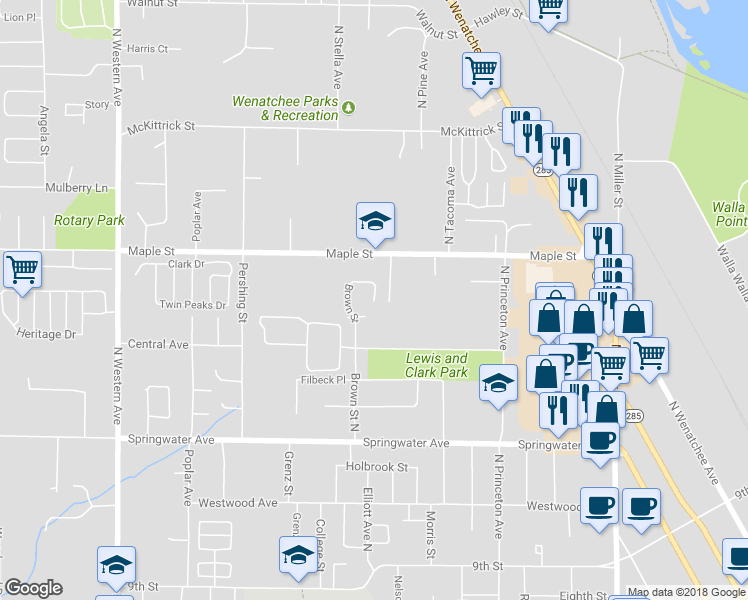 map of restaurants, bars, coffee shops, grocery stores, and more near 1399 Brown Street in Wenatchee