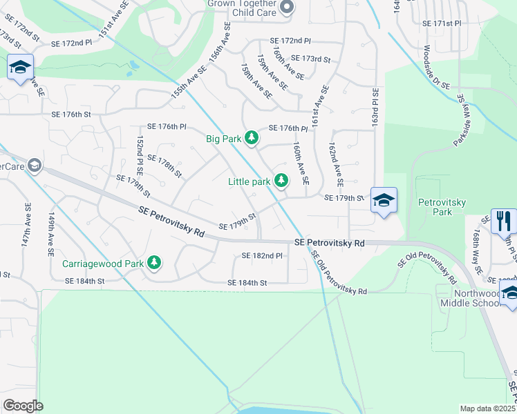 map of restaurants, bars, coffee shops, grocery stores, and more near 15804 Southeast 179th Street in Renton