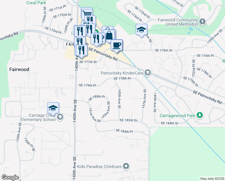 map of restaurants, bars, coffee shops, grocery stores, and more near 18020 143rd Avenue Southeast in Renton