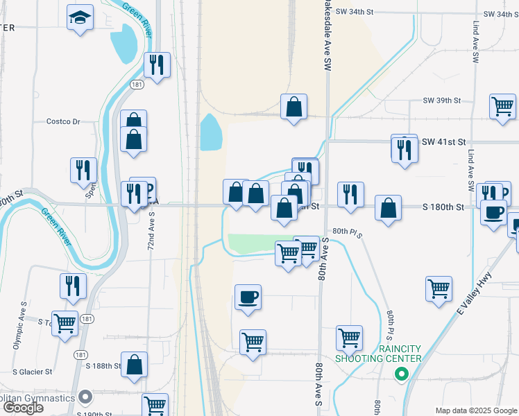 map of restaurants, bars, coffee shops, grocery stores, and more near 7681 South 180th Street in Kent