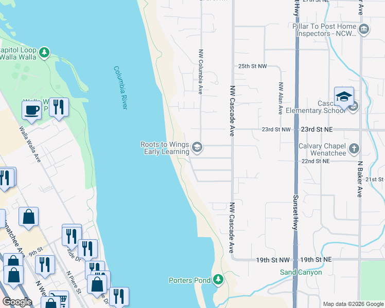 map of restaurants, bars, coffee shops, grocery stores, and more near 2141 River Drive North in East Wenatchee