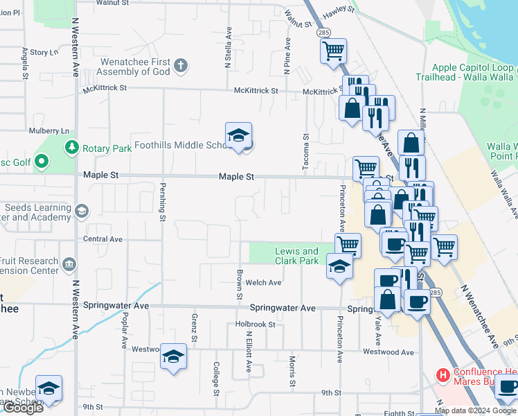 map of restaurants, bars, coffee shops, grocery stores, and more near 1325 Maple Street in Wenatchee