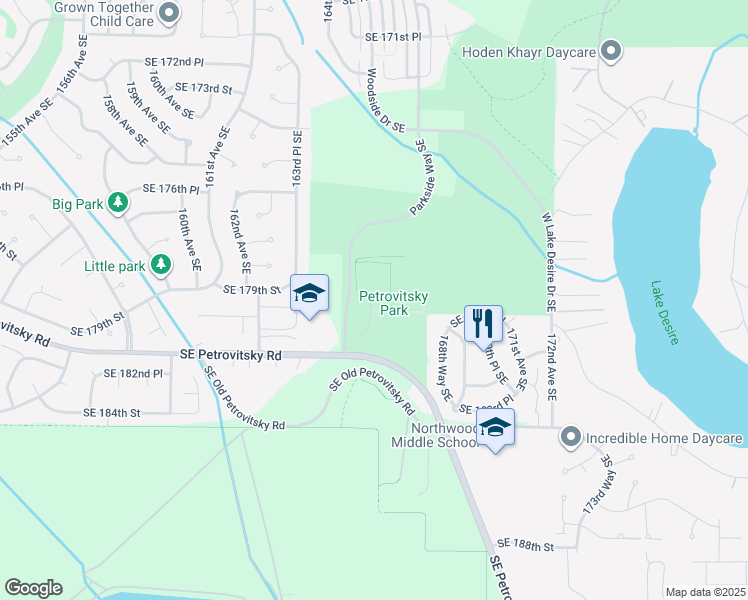 map of restaurants, bars, coffee shops, grocery stores, and more near 16400 Southeast Petrovitsky Road in Renton