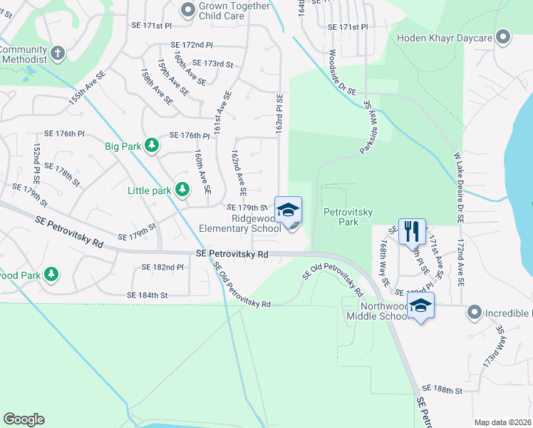map of restaurants, bars, coffee shops, grocery stores, and more near 16231 Southeast 181st Street in Renton