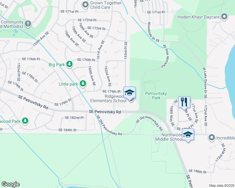map of restaurants, bars, coffee shops, grocery stores, and more near 16223 Southeast 179th Street in Renton