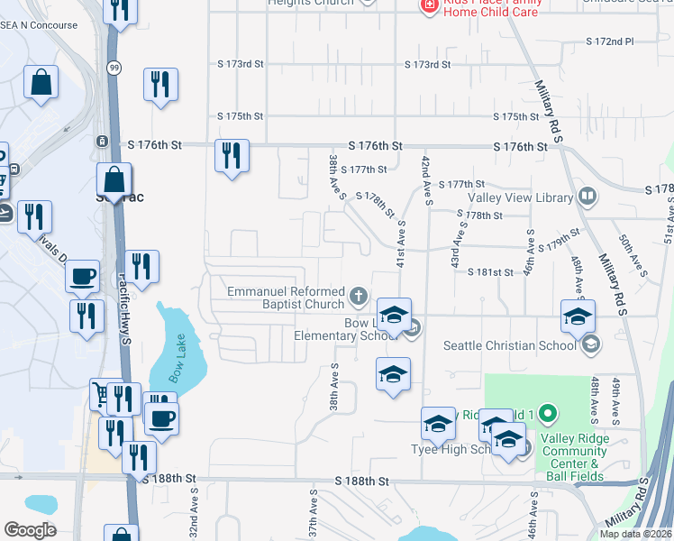 map of restaurants, bars, coffee shops, grocery stores, and more near 3721 South 180th Street in SeaTac