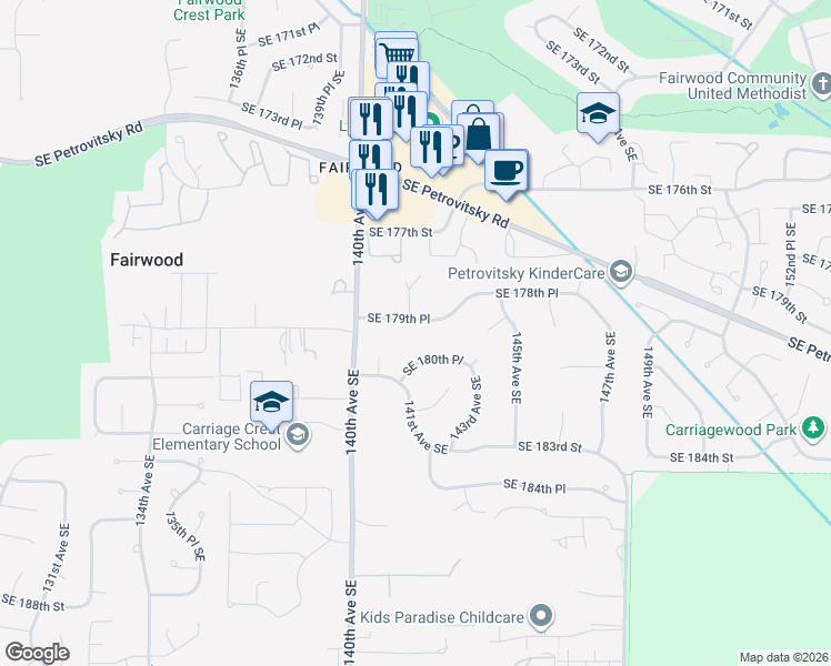 map of restaurants, bars, coffee shops, grocery stores, and more near 14120 Southeast 180th Place in Renton