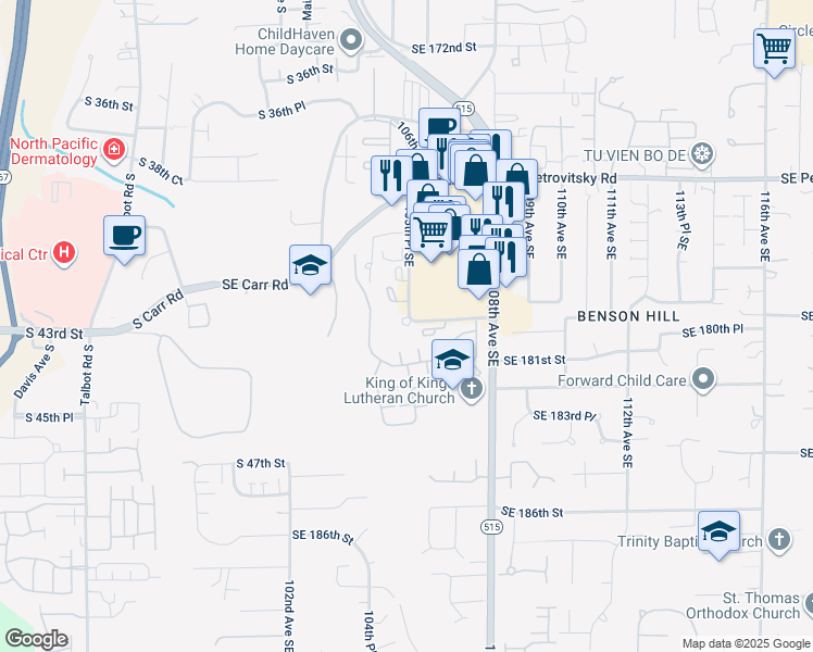 map of restaurants, bars, coffee shops, grocery stores, and more near 17901 105th Place Southeast in Renton