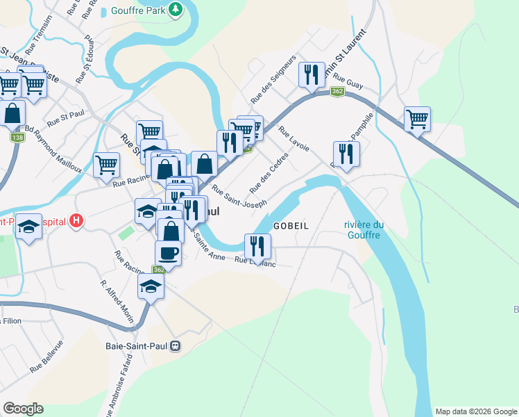 map of restaurants, bars, coffee shops, grocery stores, and more near 104 Rue Saint-Joseph in Baie-Saint-Paul