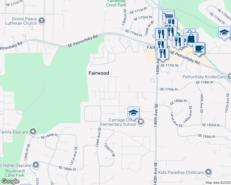 map of restaurants, bars, coffee shops, grocery stores, and more near 13599 Southeast 180th Street in Renton